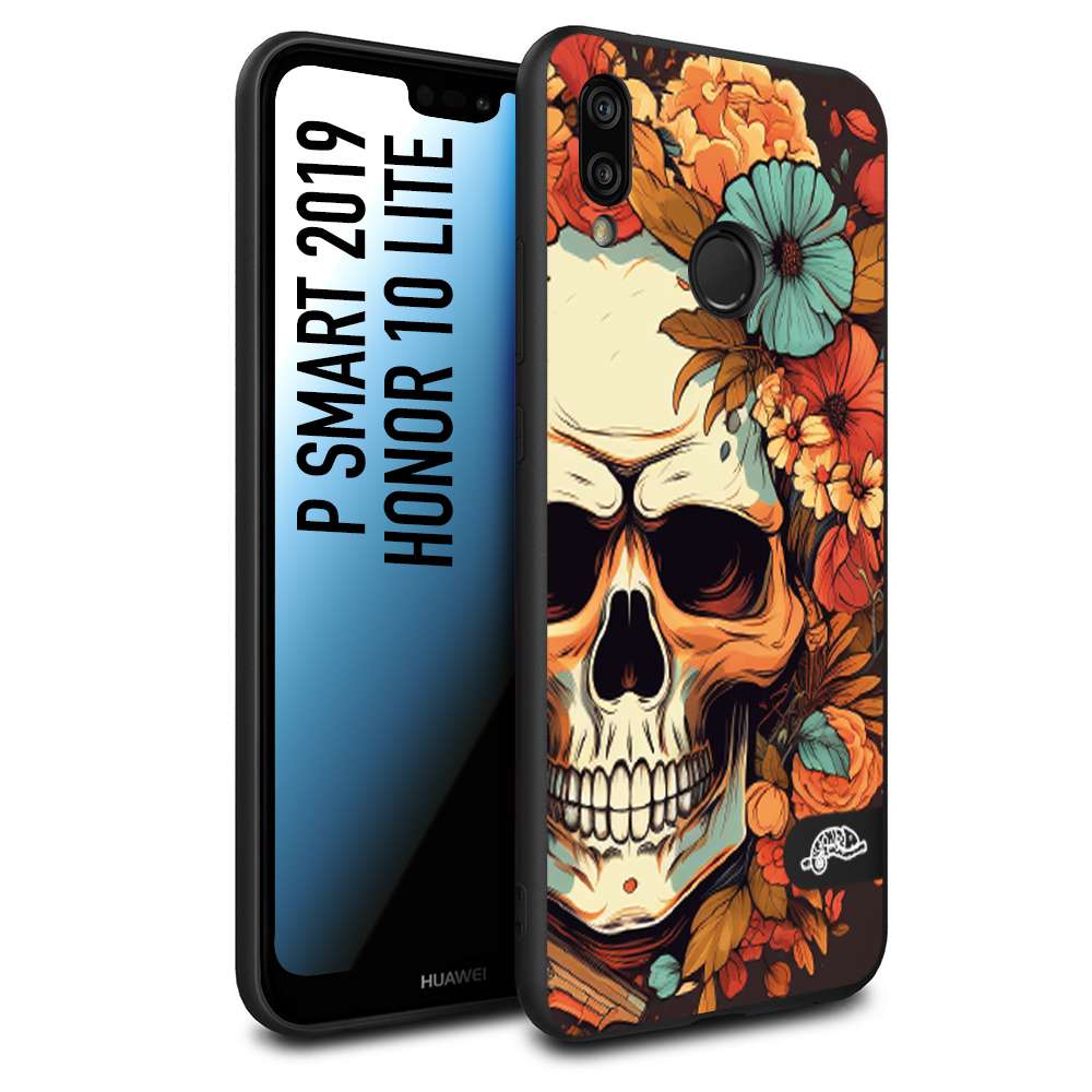 CUSTOMIZZA - Custodia cover nera morbida in tpu compatibile per Huawei P Smart 2019 teschio skull flowers fiori autunnali arancio celeste tattoo