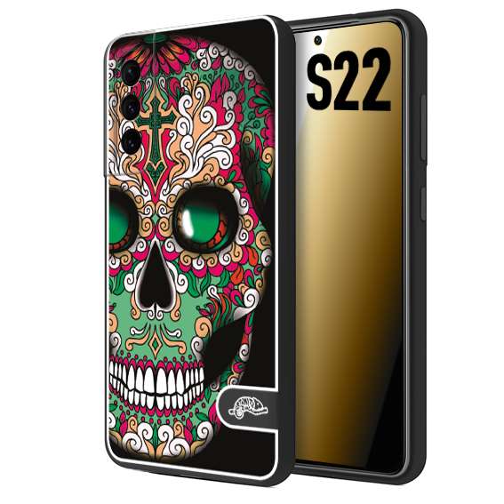 CUSTOMIZZA - Custodia cover nera morbida in tpu compatibile per Samsung S22 teschio messicano Mexican skull verde fucsia