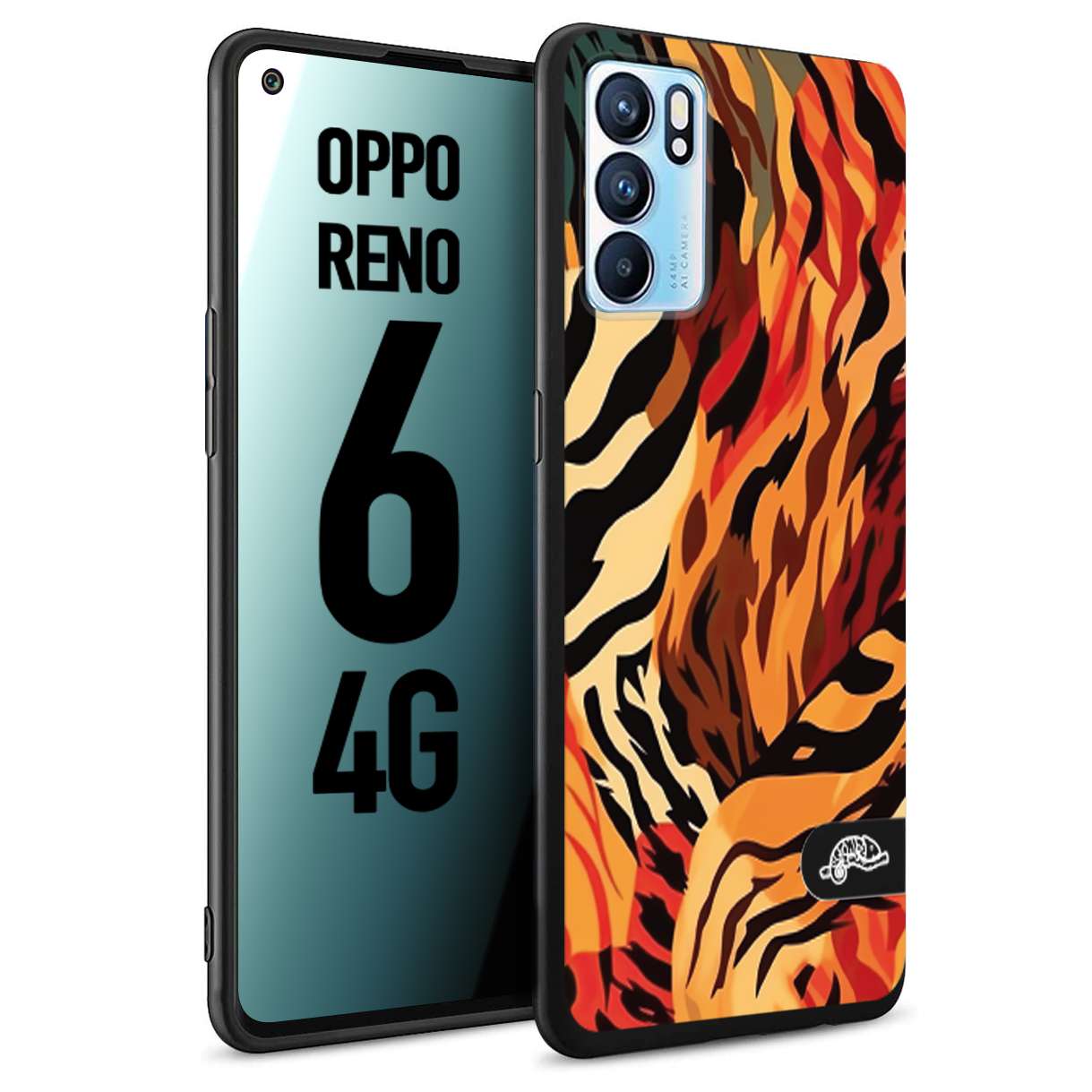 CUSTOMIZZA - Custodia cover nera morbida in tpu compatibile per Oppo Reno 6 4G leopardato maculato tigrato tiger colorata gialla rossa arancio