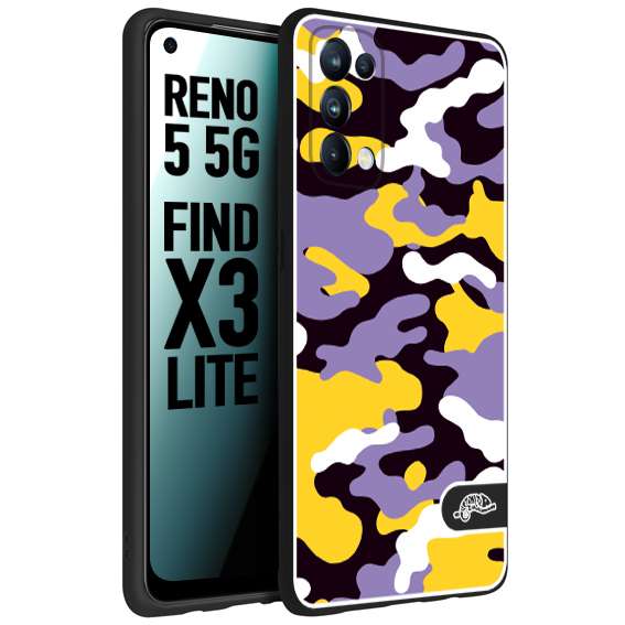 CUSTOMIZZA - Custodia cover nera morbida in tpu compatibile per Oppo Reno 5 5G camouflage mimetico militare viola lilla giallo