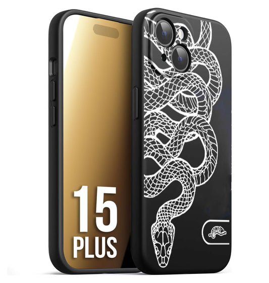 CUSTOMIZZA - Custodia cover nera morbida in tpu compatibile per iPhone 15 PLUS serpente snake bianco a rilievo disegnato tattoo tatuaggio