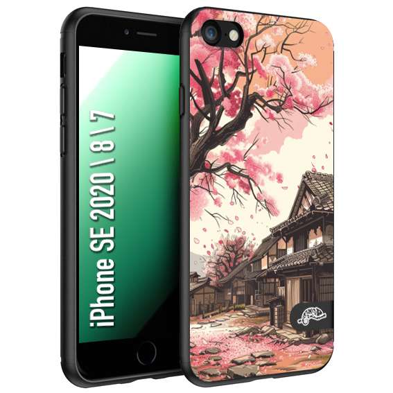 CUSTOMIZZA - Custodia cover nera morbida in tpu compatibile per iPhone 7 - 8 - SE 2020 / 2022 casa giapponese rosa ciliegio in fiore disegnata tattoo