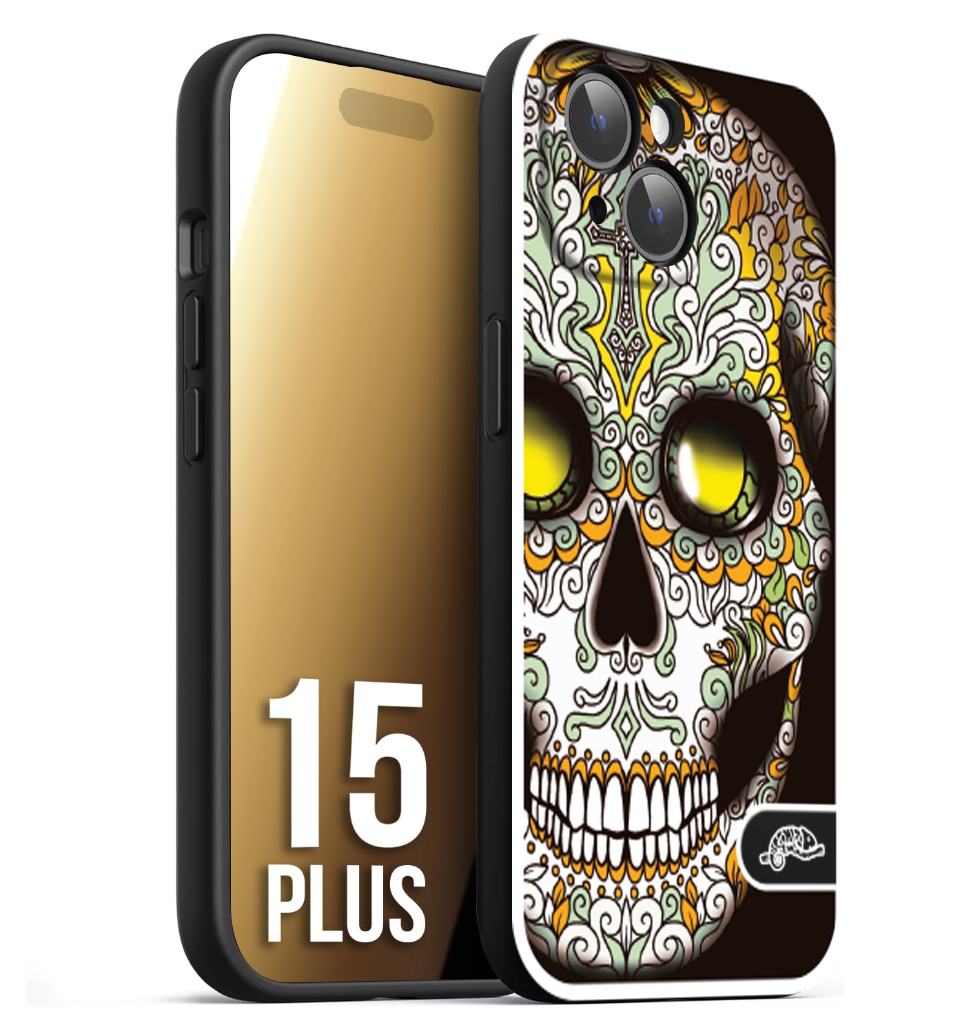 CUSTOMIZZA - Custodia cover nera morbida in tpu compatibile per iPhone 15 PLUS teschio messicano Mexican skull bianco verde giallo