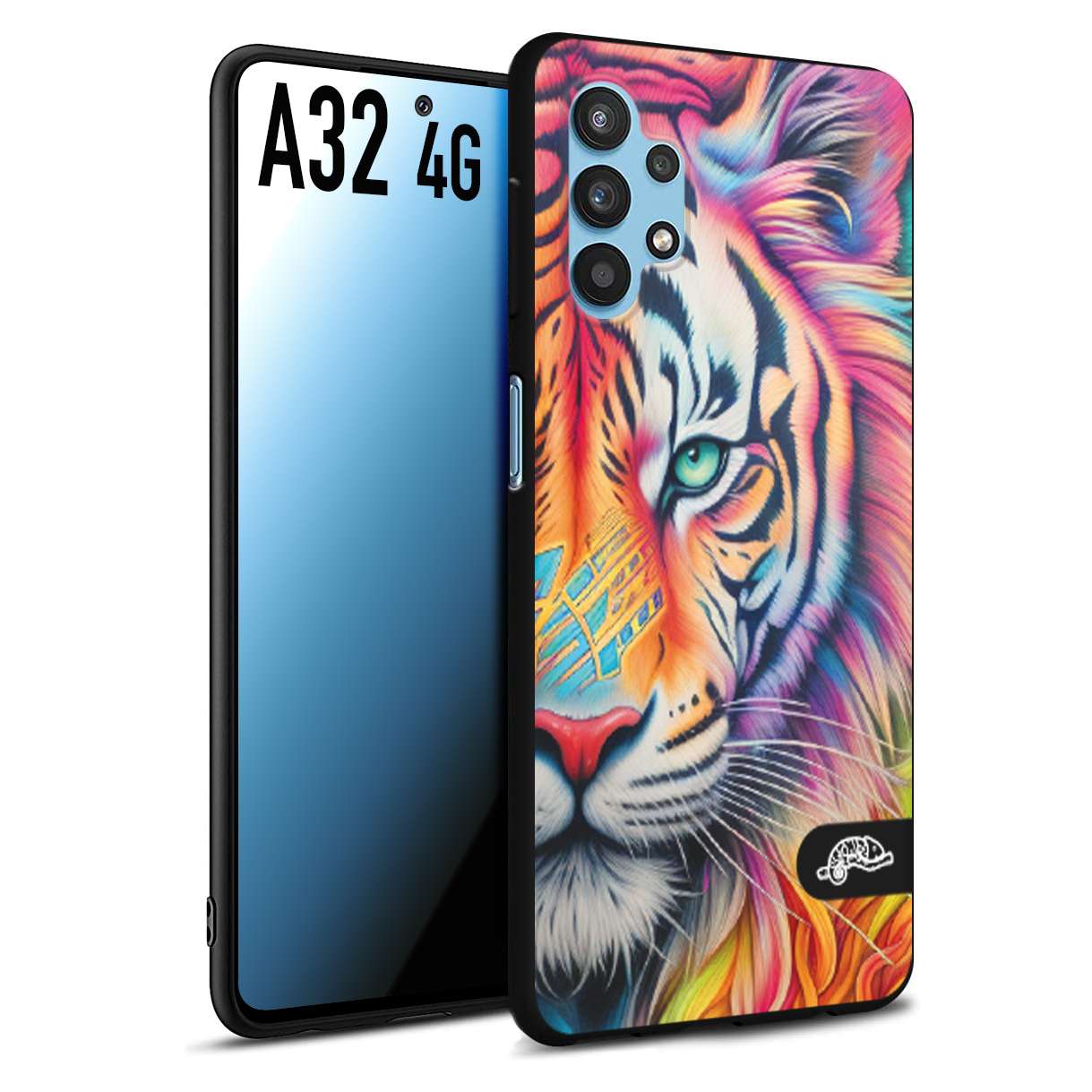 CUSTOMIZZA - Custodia cover nera morbida in tpu compatibile per Samsung A32 4G animali color tigre tiger viso colori vibranti disegnato schizzo