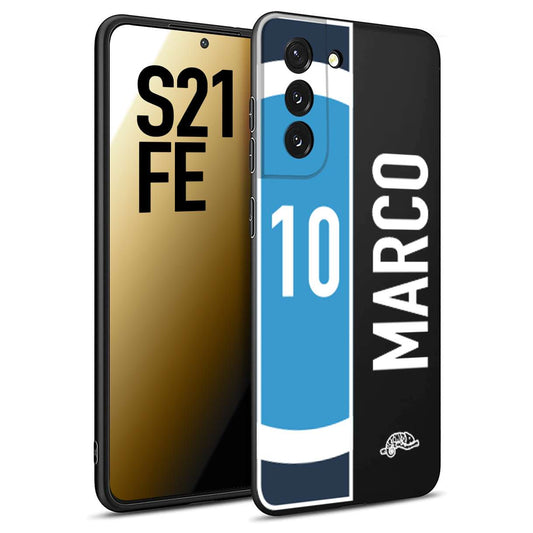 CUSTOMIZZA - Custodia cover nera morbida in tpu compatibile per Samsung S21 FE personalizzata calcio football nome e numero calciatori biancoazzurri bianco celesti