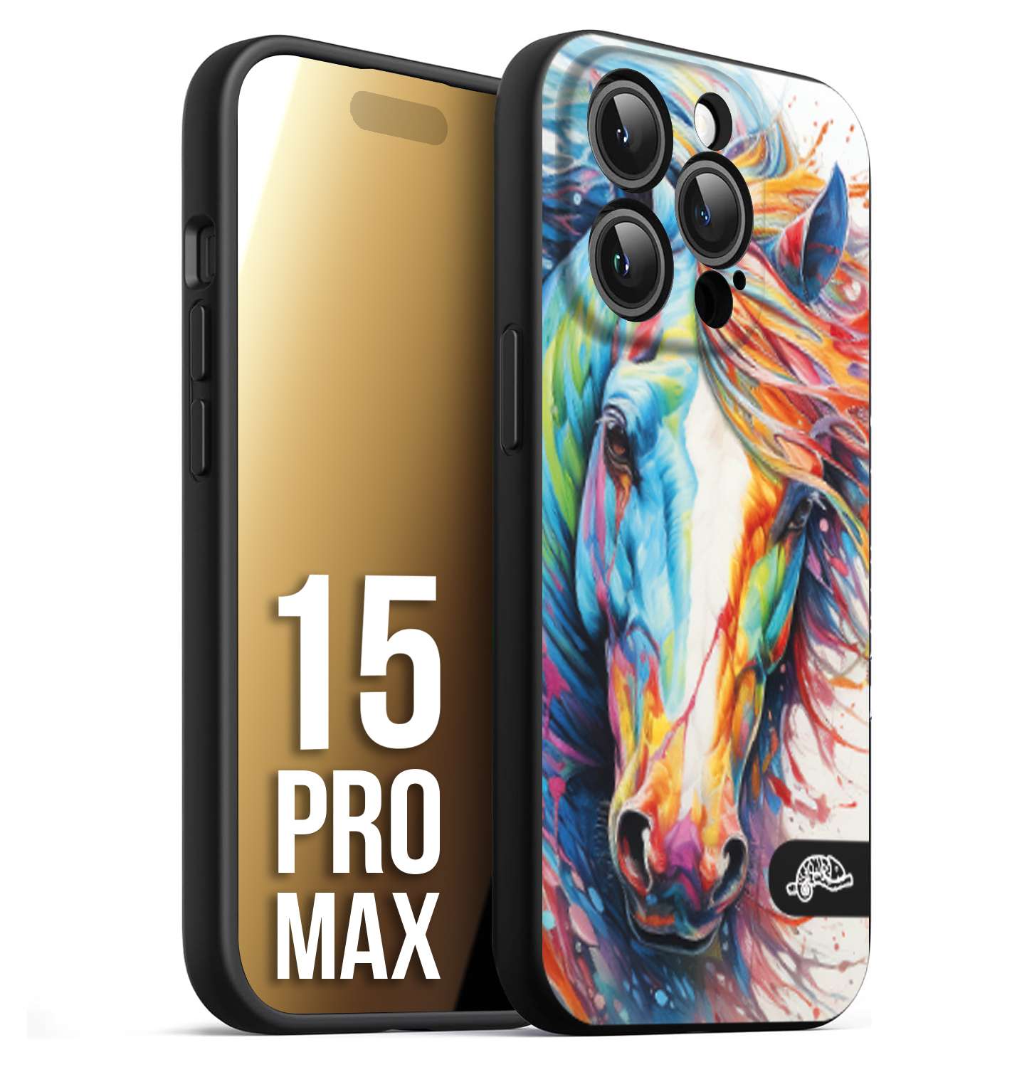 CUSTOMIZZA - Custodia cover nera morbida in tpu compatibile per iPhone 15 PRO MAX animali color cavallo horse viso colori vibranti disegnato schizzo