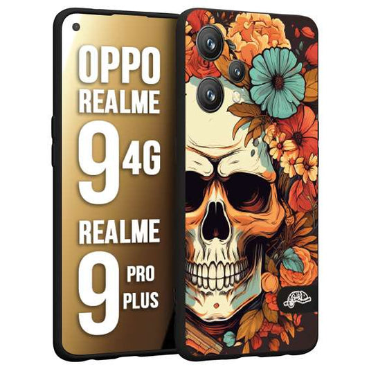 CUSTOMIZZA - Custodia cover nera morbida in tpu compatibile per Oppo Realme 9 4G - 9 PRO PLUS teschio skull flowers fiori autunnali arancio celeste tattoo
