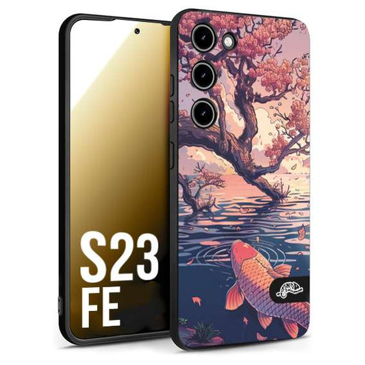 CUSTOMIZZA - Custodia cover nera morbida in tpu compatibile per Samsung S23 FE giapponese lago carpa koi rosa con foglie d'acero disegnata tattoo