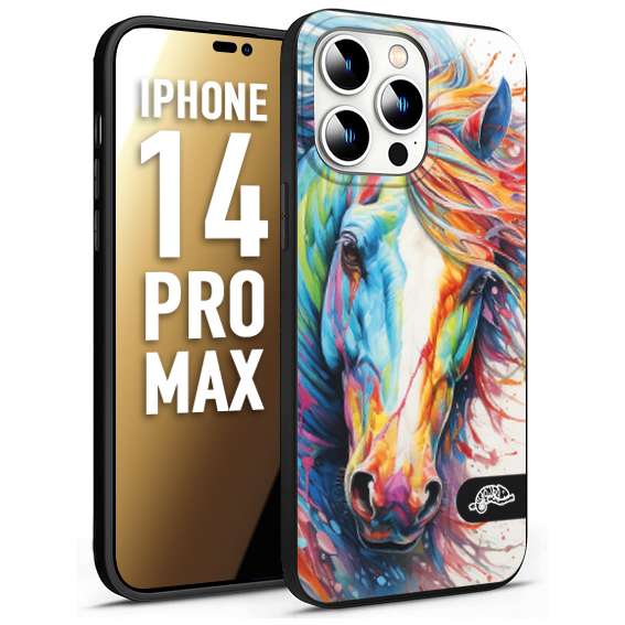 CUSTOMIZZA - Custodia cover nera morbida in tpu compatibile per iPhone 14 PRO MAX animali color cavallo horse viso colori vibranti disegnato schizzo