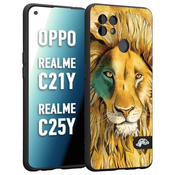 CUSTOMIZZA - Custodia cover nera morbida in tpu compatibile per Oppo Realme C21Y - C25Y leone lion disegnato a mano giallo blu a rilievo artistico brown