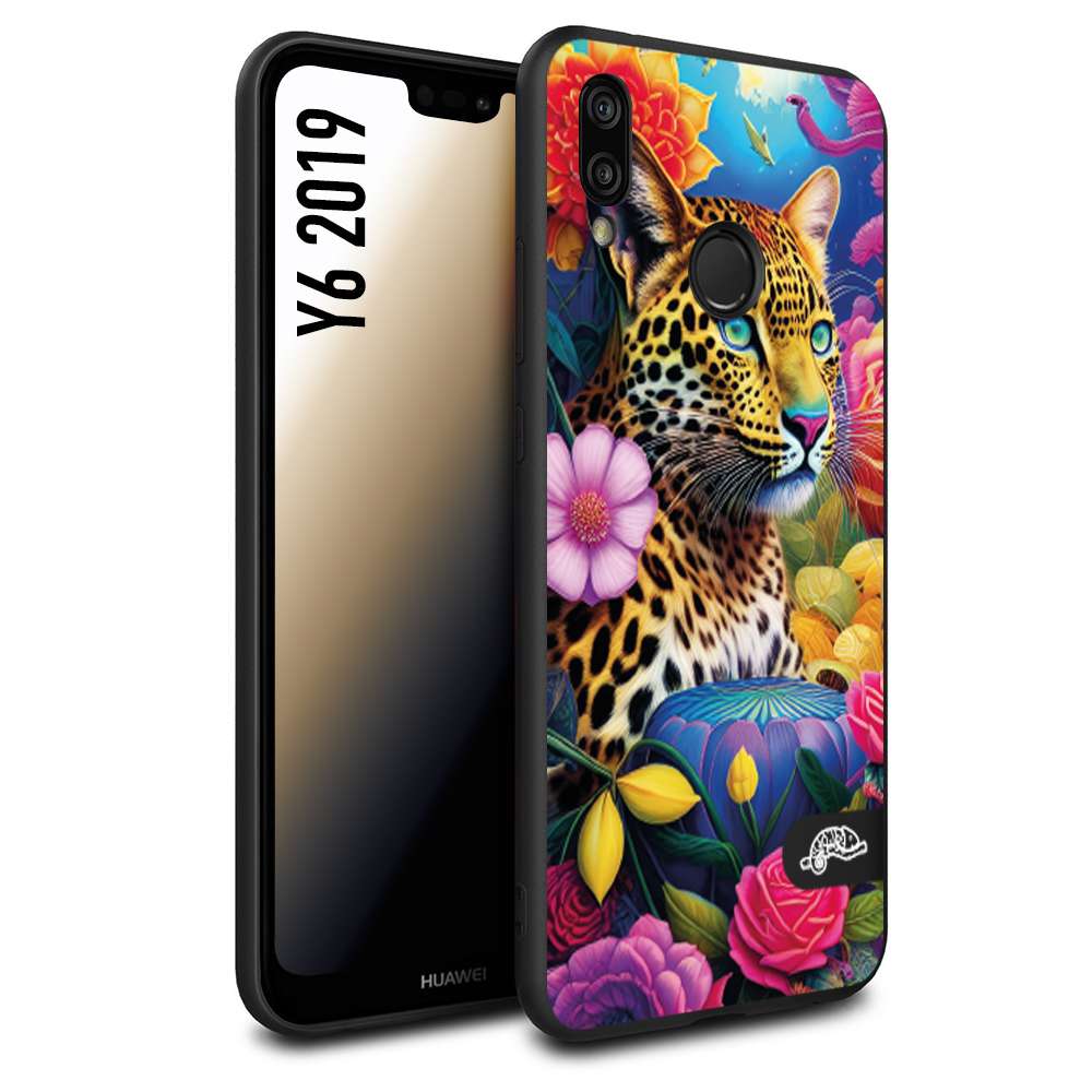 CUSTOMIZZA - Custodia cover nera morbida in tpu compatibile per Huawei Y6 2019 fiori astratti donna flower fantasia leopardo ghepardo animali colorati