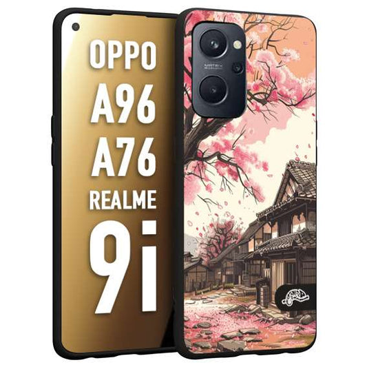 CUSTOMIZZA - Custodia cover nera morbida in tpu compatibile per Oppo Realme 9i - A96 - A76 casa giapponese rosa ciliegio in fiore disegnata tattoo