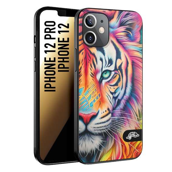 CUSTOMIZZA - Custodia cover nera morbida in tpu compatibile per iPhone 12 - 12 PRO animali color tigre tiger viso colori vibranti disegnato schizzo