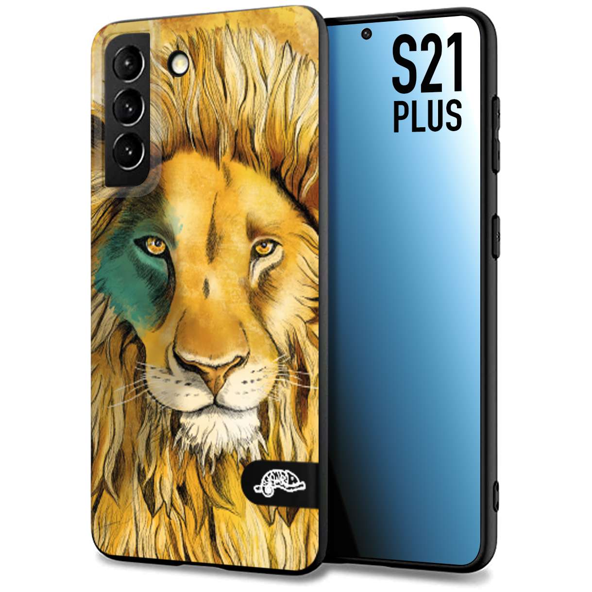 CUSTOMIZZA - Custodia cover nera morbida in tpu compatibile per Samsung S21 PLUS leone lion disegnato a mano giallo blu a rilievo artistico brown