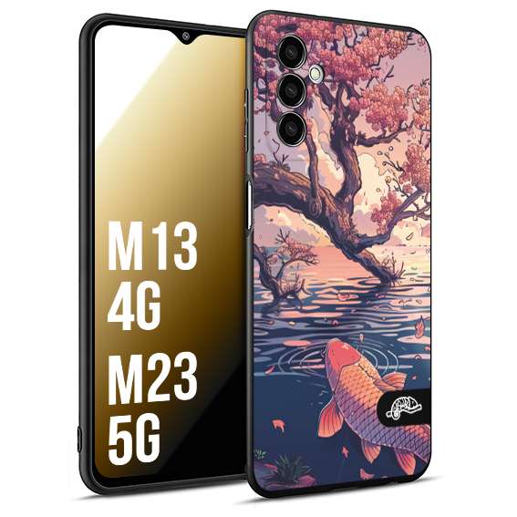 CUSTOMIZZA - Custodia cover nera morbida in tpu compatibile per Samsung M13 4G - M23 5G giapponese lago carpa koi rosa con foglie d'acero disegnata tattoo