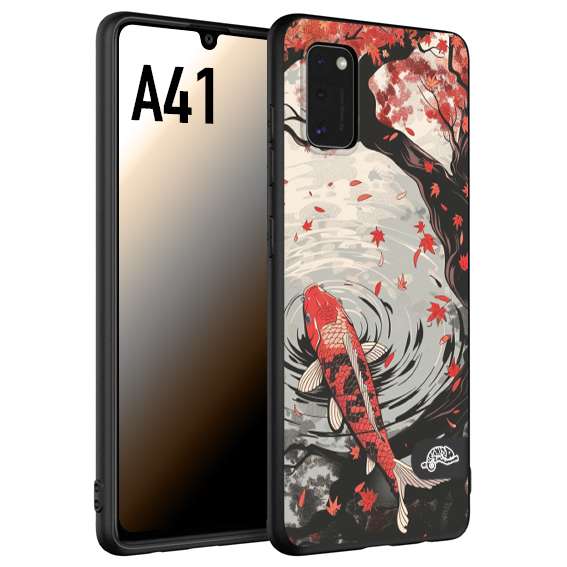 CUSTOMIZZA - Custodia cover nera morbida in tpu compatibile per Samsung A41 giapponese lago carpa koi rossa con foglie d'acero rosso disegnata tattoo