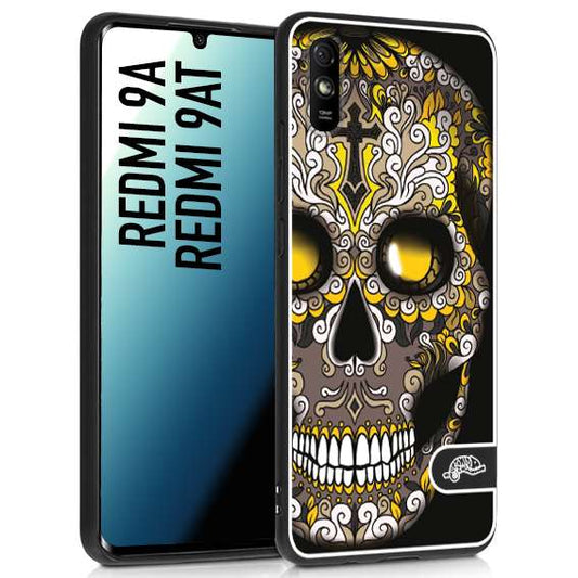 CUSTOMIZZA - Custodia cover nera morbida in tpu compatibile per Xiaomi Redmi 9A - 9AT teschio messicano Mexican skull nero giallo