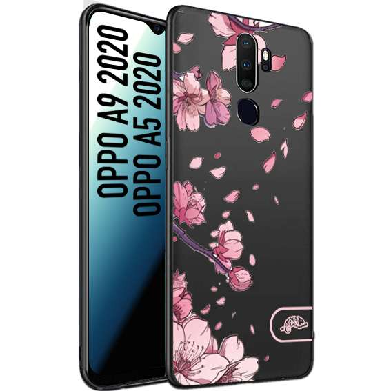 CUSTOMIZZA - Custodia cover nera morbida in tpu compatibile per Oppo A9 2020 - A5 2020 giapponese fiori di ciliegio in fiore a rilievo disegnata tattoo