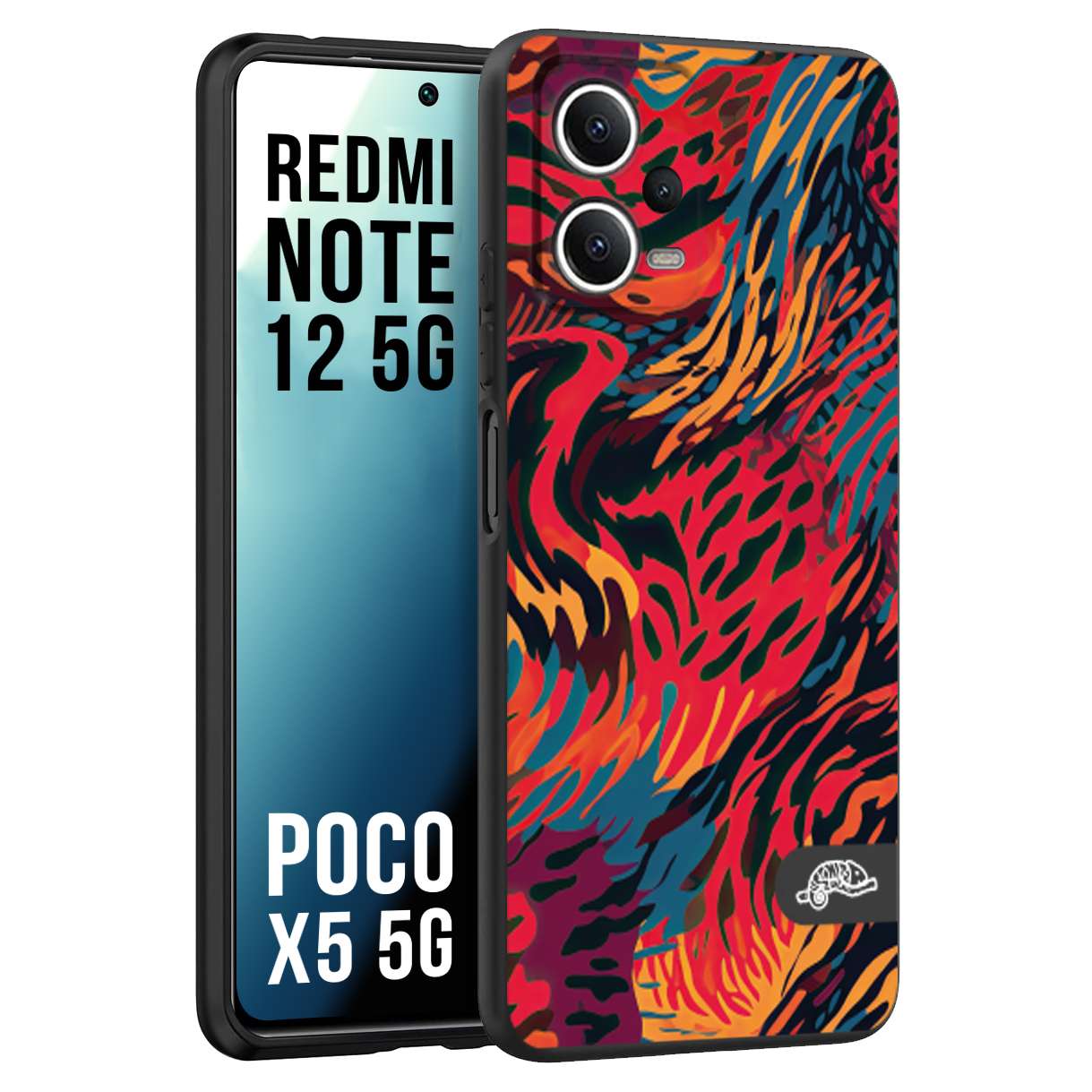 CUSTOMIZZA - Custodia cover nera morbida in tpu compatibile per Xiaomi Redmi Note 12 - POCO X5 5G leopardato maculato tigrato colorata fiamme rossa blu arancione