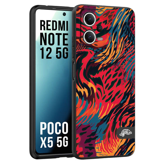 CUSTOMIZZA - Custodia cover nera morbida in tpu compatibile per Xiaomi Redmi Note 12 - POCO X5 5G leopardato maculato tigrato colorata fiamme rossa blu arancione