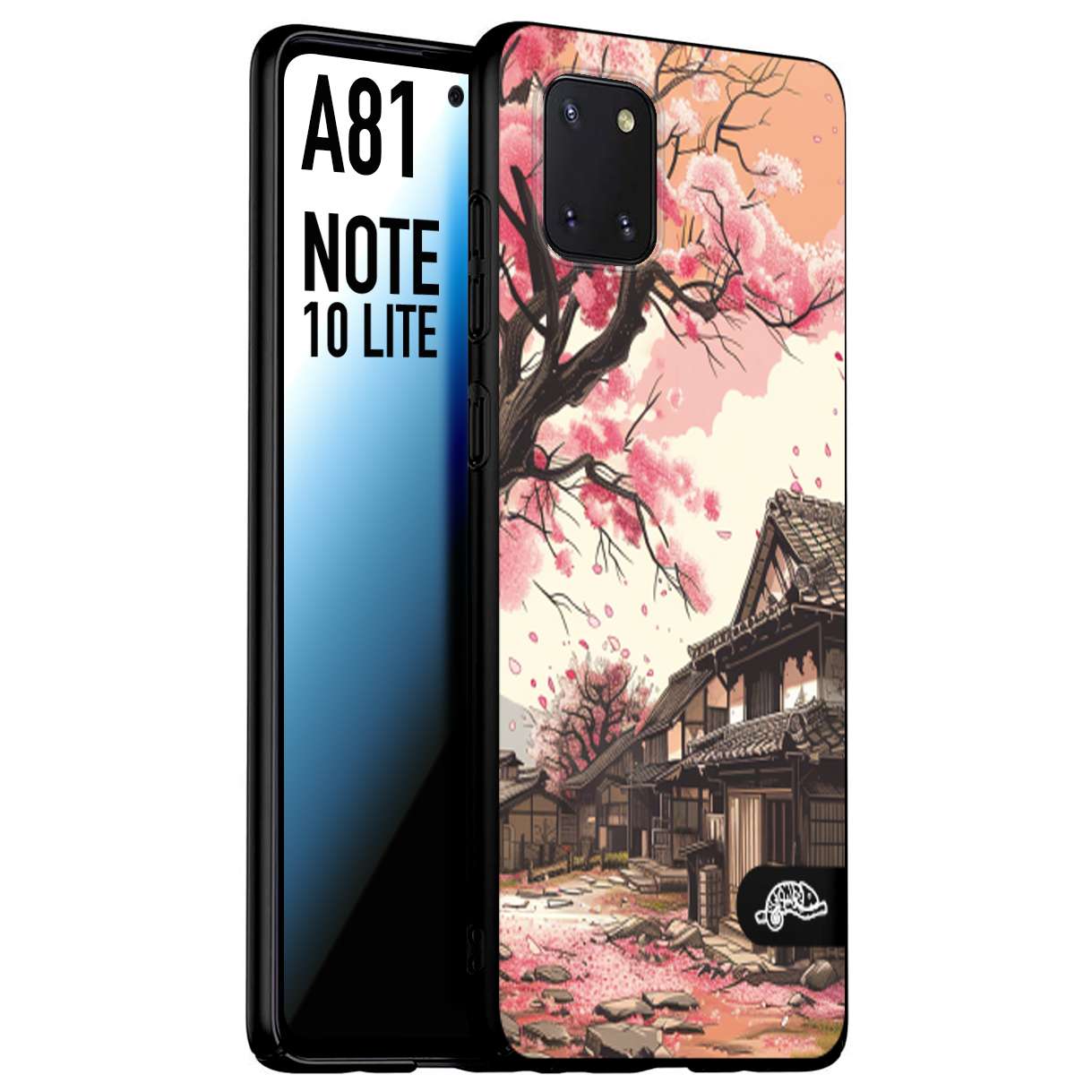 CUSTOMIZZA - Custodia cover nera morbida in tpu compatibile per Samsung A81 - Note 10 Lite casa giapponese rosa ciliegio in fiore disegnata tattoo