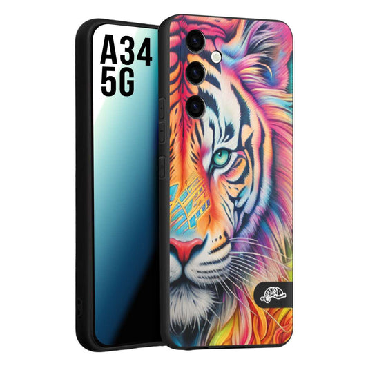 CUSTOMIZZA - Custodia cover nera morbida in tpu compatibile per Samsung A34 5G animali color tigre tiger viso colori vibranti disegnato schizzo