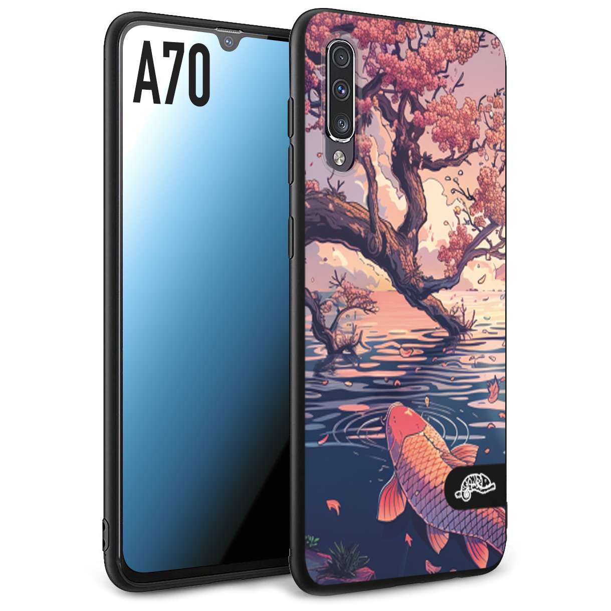 CUSTOMIZZA - Custodia cover nera morbida in tpu compatibile per Samsung A70 giapponese lago carpa koi rosa con foglie d'acero disegnata tattoo