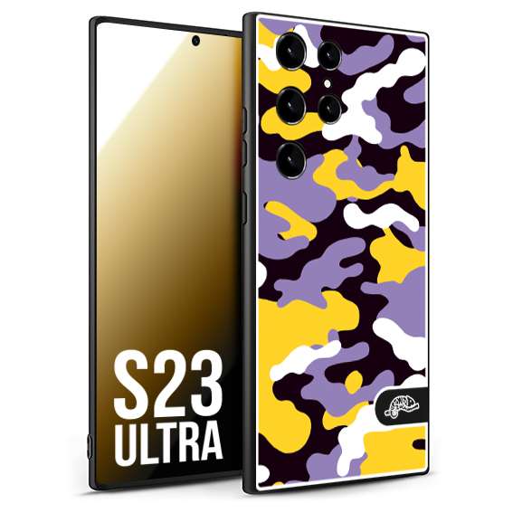 CUSTOMIZZA - Custodia cover nera morbida in tpu compatibile per Samsung S23 ULTRA camouflage mimetico militare viola lilla giallo