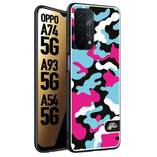 CUSTOMIZZA - Custodia cover nera morbida in tpu compatibile per Oppo A74 5G - A93 5G - A54 5G camouflage mimetico militare fucsia celeste