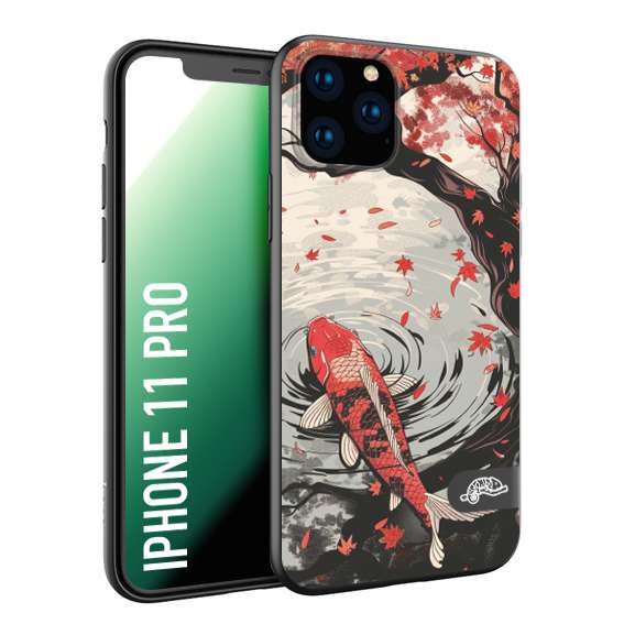 CUSTOMIZZA - Custodia cover nera morbida in tpu compatibile per iPhone 11 PRO giapponese lago carpa koi rossa con foglie d'acero rosso disegnata tattoo