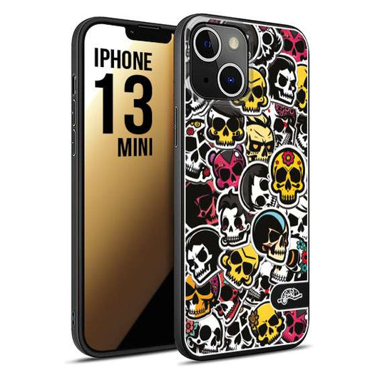 CUSTOMIZZA - Custodia cover nera morbida in tpu compatibile per iPhone 13 MINI sticker bomb teschi colorati adesivi skulls skater snowboard