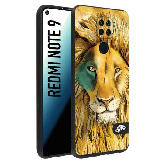 CUSTOMIZZA - Custodia cover nera morbida in tpu compatibile per Xiaomi Redmi Note 9 leone lion disegnato a mano giallo blu a rilievo artistico brown