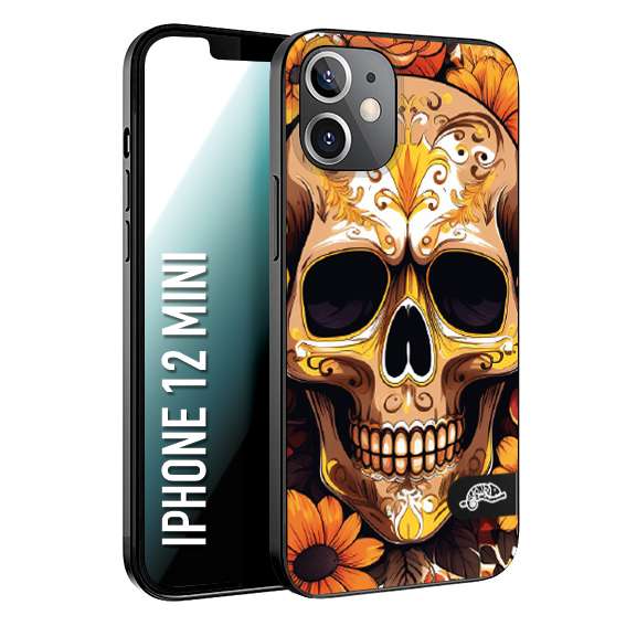 CUSTOMIZZA - Custodia cover nera morbida in tpu compatibile per iPhone 12 MINI teschio messicano colorato dorato fiori tattoo disegnato