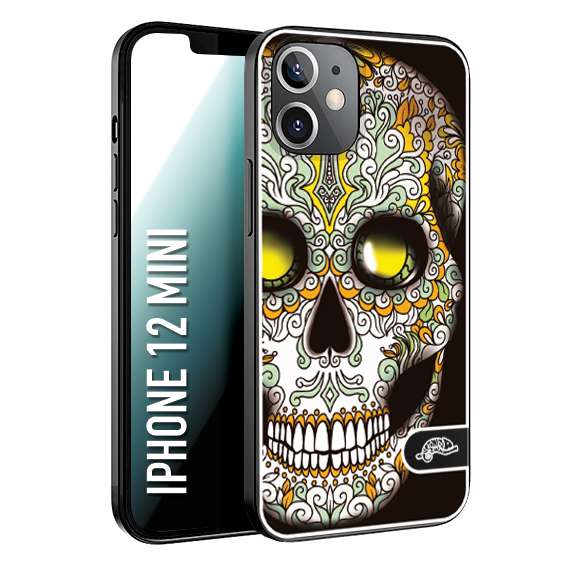 CUSTOMIZZA - Custodia cover nera morbida in tpu compatibile per iPhone 12 MINI teschio messicano Mexican skull bianco verde giallo