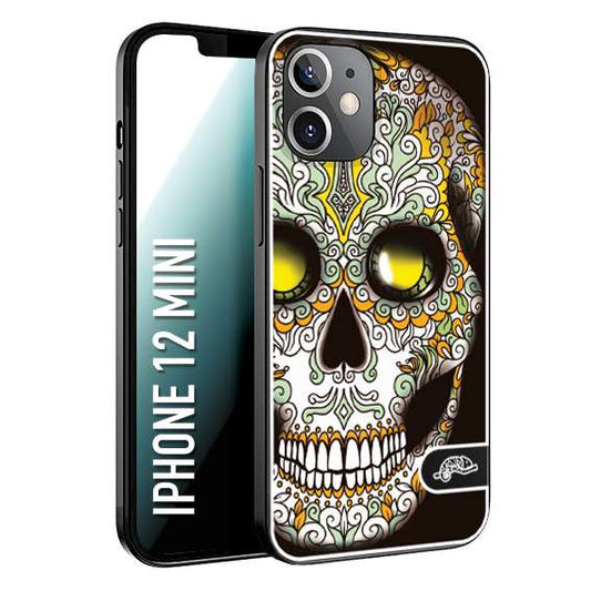 CUSTOMIZZA - Custodia cover nera morbida in tpu compatibile per iPhone 12 MINI teschio messicano Mexican skull bianco verde giallo