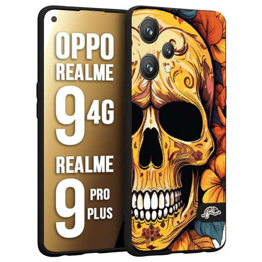 CUSTOMIZZA - Custodia cover nera morbida in tpu compatibile per Oppo Realme 9 4G - 9 PRO PLUS teschio messicano colorato dorato fiori autunnali disegnato