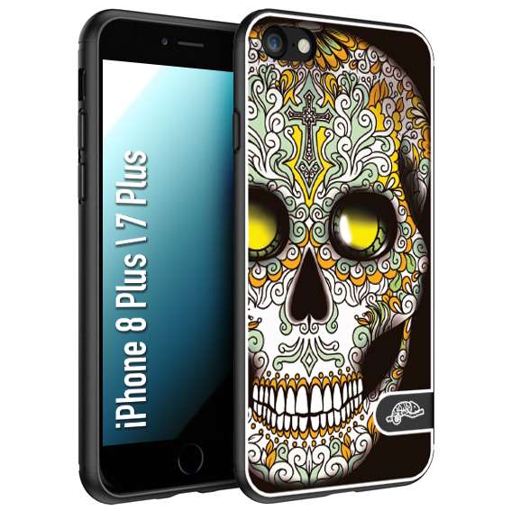 CUSTOMIZZA - Custodia cover nera morbida in tpu compatibile per iPhone 7 Plus - 8 plusteschio messicano Mexican skull bianco verde giallo