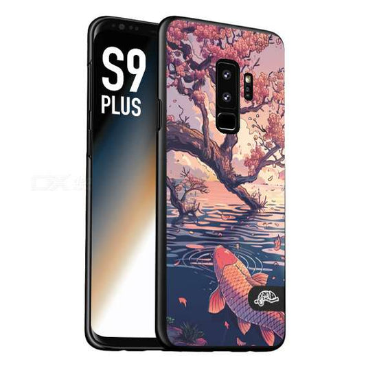 CUSTOMIZZA - Custodia cover nera morbida in tpu compatibile per Samsung S9 PLUS giapponese lago carpa koi rosa con foglie d'acero disegnata tattoo