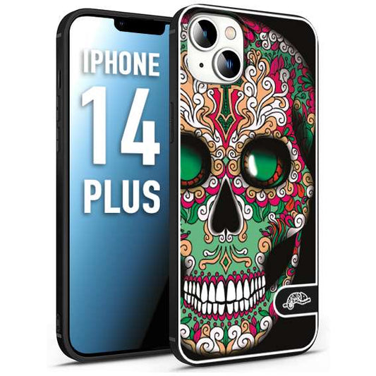 CUSTOMIZZA - Custodia cover nera morbida in tpu compatibile per iPhone 14 PLUS teschio messicano Mexican skull verde fucsia