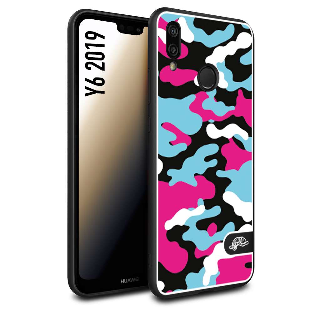 CUSTOMIZZA - Custodia cover nera morbida in tpu compatibile per Huawei Y6 2019 camouflage mimetico militare fucsia celeste