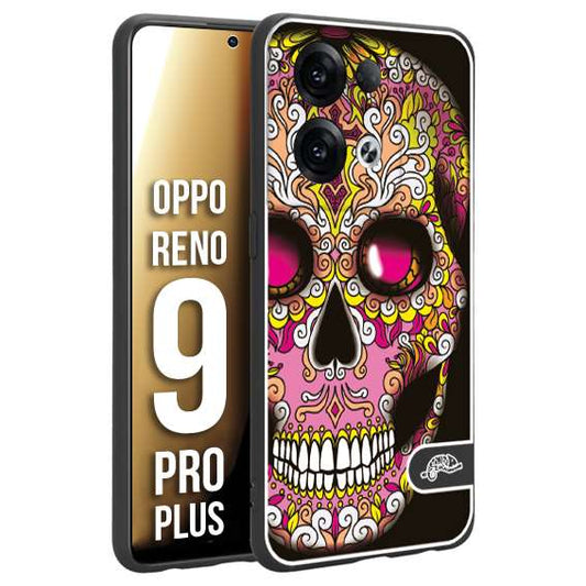 CUSTOMIZZA - Custodia cover nera morbida in tpu compatibile per Oppo Reno 9 PRO PLUS teschio messicano Mexican skull rosa gialla