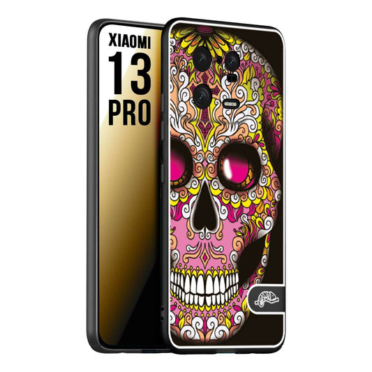 CUSTOMIZZA - Custodia cover nera morbida in tpu compatibile per Xiaomi 13 PRO teschio messicano Mexican skull rosa gialla