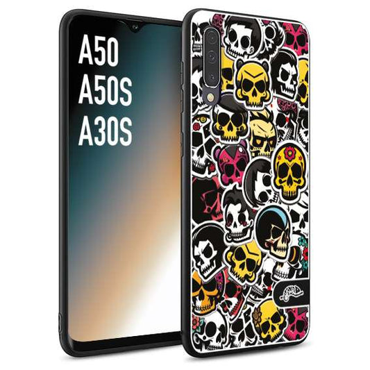 CUSTOMIZZA - Custodia cover nera morbida in tpu compatibile per Samsung A50 - A50S - A30S sticker bomb teschi colorati adesivi skulls skater snowboard