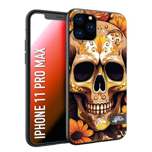 CUSTOMIZZA - Custodia cover nera morbida in tpu compatibile per iPhone 11 PRO MAX teschio messicano colorato dorato fiori tattoo disegnato