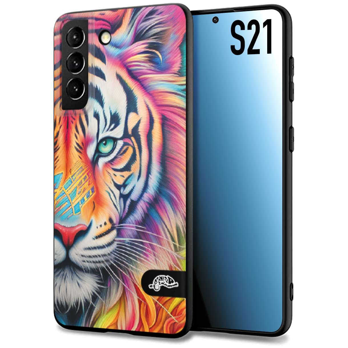 CUSTOMIZZA - Custodia cover nera morbida in tpu compatibile per Samsung S21 animali color tigre tiger viso colori vibranti disegnato schizzo