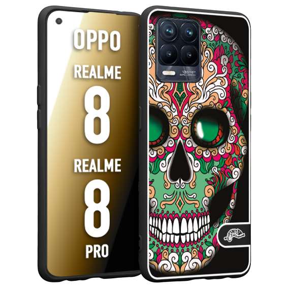 CUSTOMIZZA - Custodia cover nera morbida in tpu compatibile per Oppo Realme 8 - 8 PRO teschio messicano Mexican skull verde fucsia