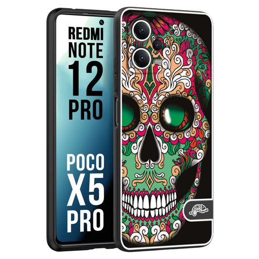 CUSTOMIZZA - Custodia cover nera morbida in tpu compatibile per Xiaomi Redmi Note 12 PRO - POCO X5 PRO teschio messicano Mexican skull verde fucsia