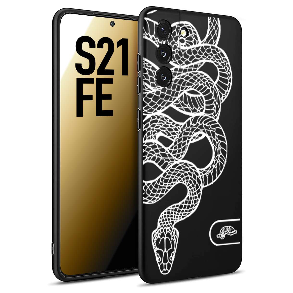 CUSTOMIZZA - Custodia cover nera morbida in tpu compatibile per Samsung S21 FE serpente snake bianco a rilievo disegnato tattoo tatuaggio