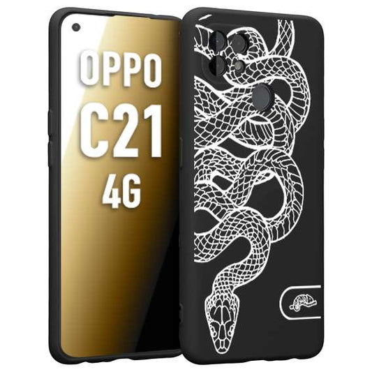 CUSTOMIZZA - Custodia cover nera morbida in tpu compatibile per Oppo Realme C21 4G serpente snake bianco a rilievo disegnato tattoo tatuaggio