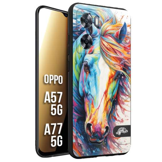 CUSTOMIZZA - Custodia cover nera morbida in tpu compatibile per Oppo A57 5G - A77 5G animali color cavallo horse viso colori vibranti disegnato schizzo